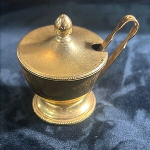 Italian gold, salt, seller cobalt blue glass insert with mini tongs